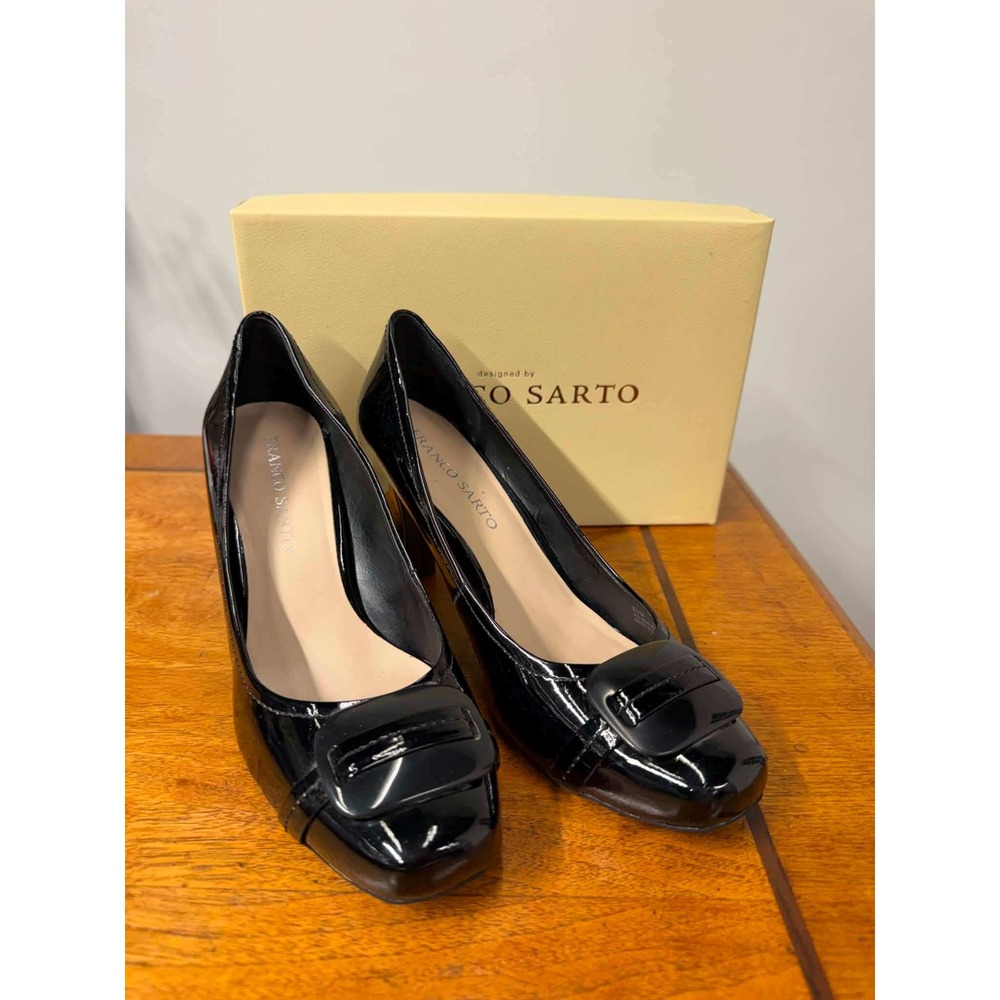 Franco Sarto Black Patent Leather Square Toe Buckle Block Heel‎ Pumps Size 8.5M